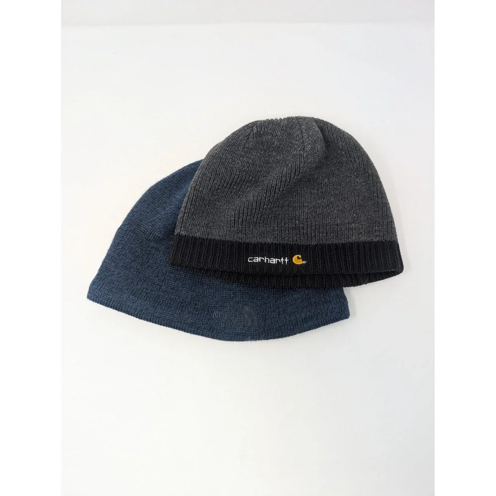 Northface Navy Fleece Lined Beanie + Carhartt Reversible Knit Hat Bundle‎ OS